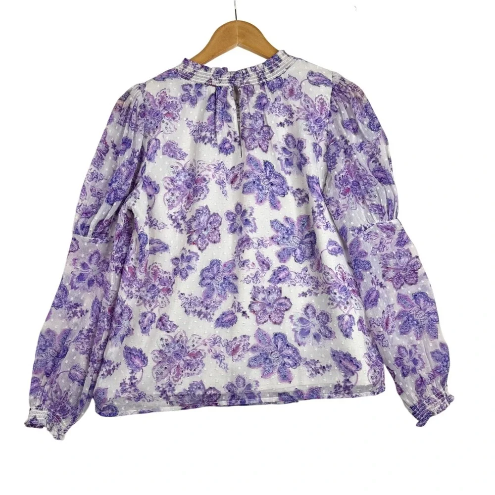 Loft Floral Clip Puff Long Sleeve Blouse size Small White/Purple